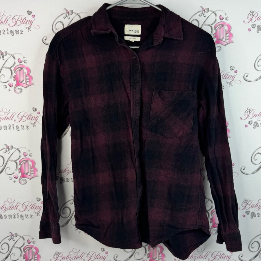 Wilfred Free button up shirt long sleeve stripe plaid wine Purple cotton Fabric